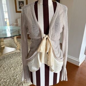 Anthropologie Mixed Media Wool Cashmere Blend Tie Front Ruffled Sweater Medium